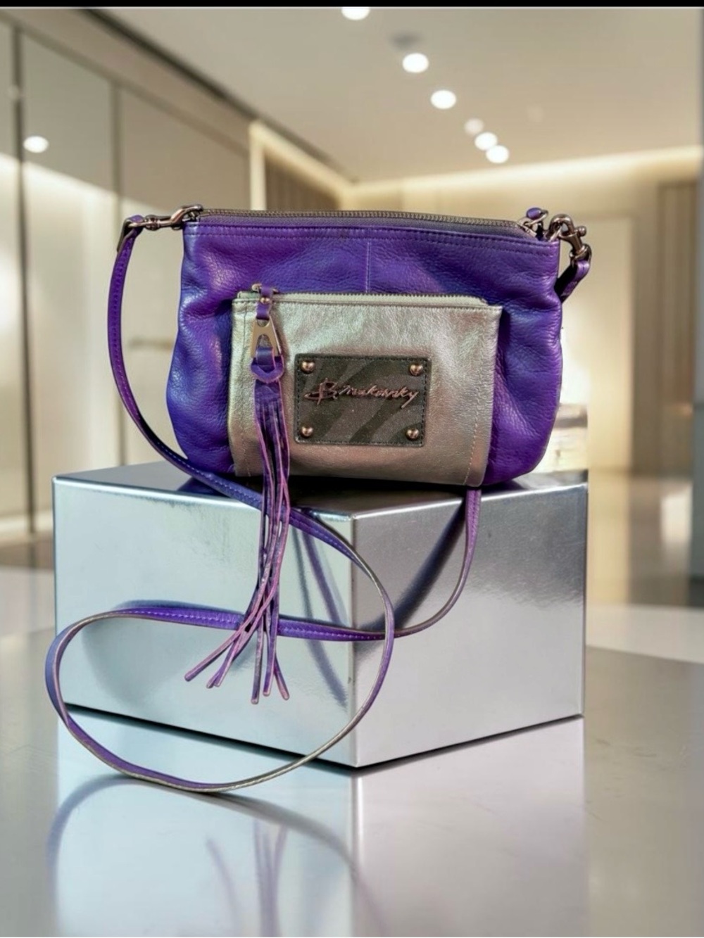 B. Makowsky Leather Crossbody Bag with Metallic Pockets